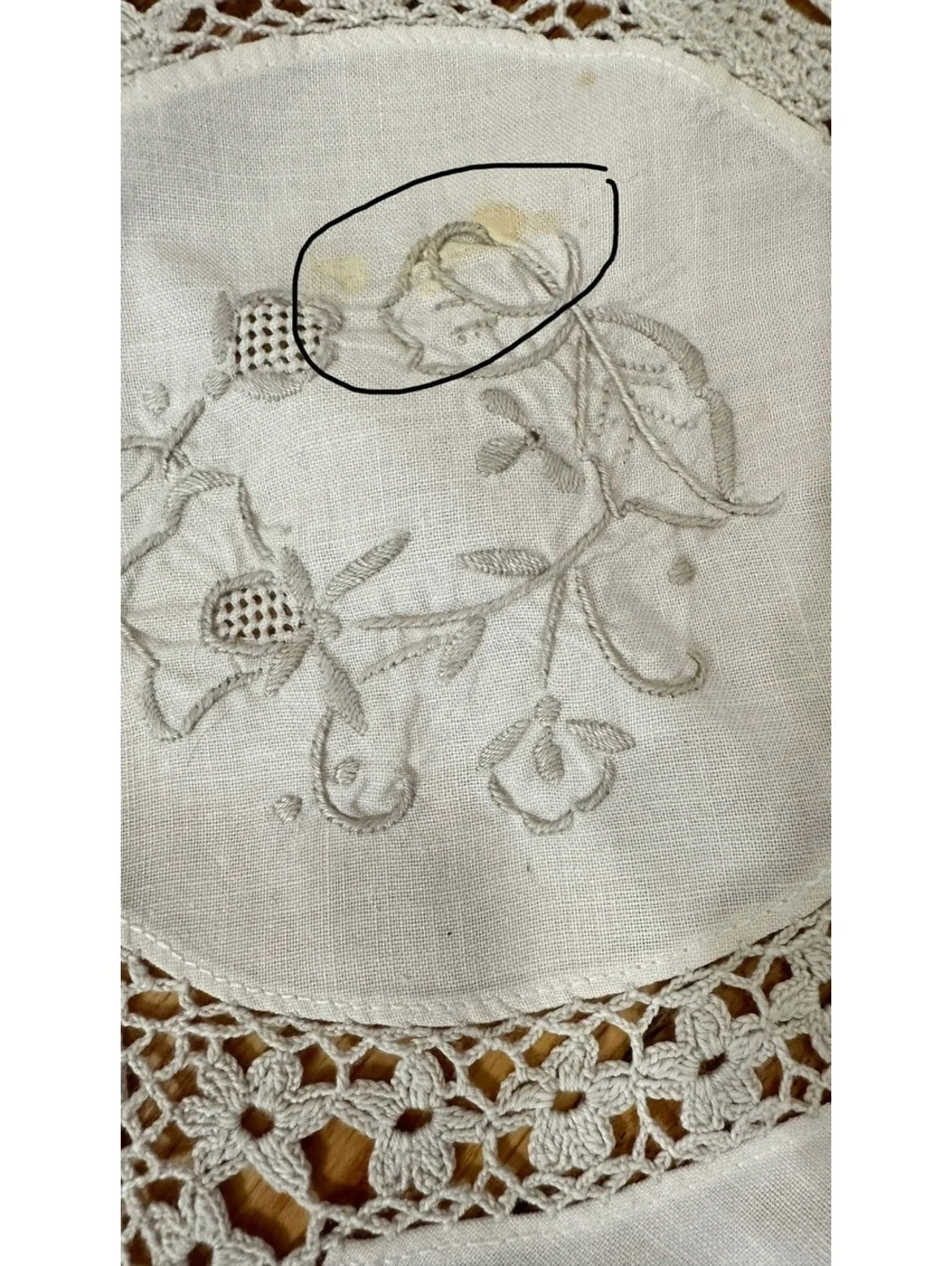 VTG MCM Cream Tablecloth & Taupe Embroidery Crocheted Accents 62x79 Cottagecore